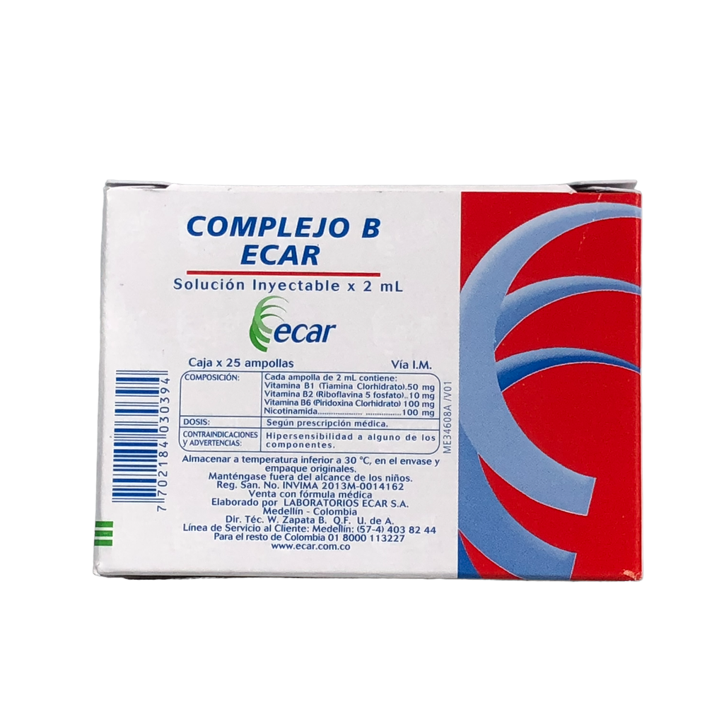 Complejo B 2 Ml Solucion Inyectable Caja X 25 Ampollas(Ecar) | Farmauno