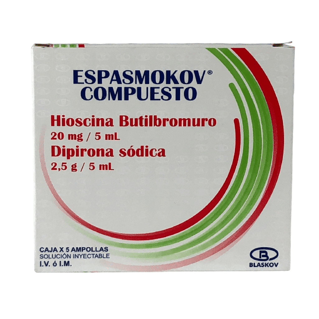 Espasmokov Compuesto (Hioscina+Dipirona)20/2.5 Mg Solucion Inyectable Caja x 5 Ampollas (Blaskov)