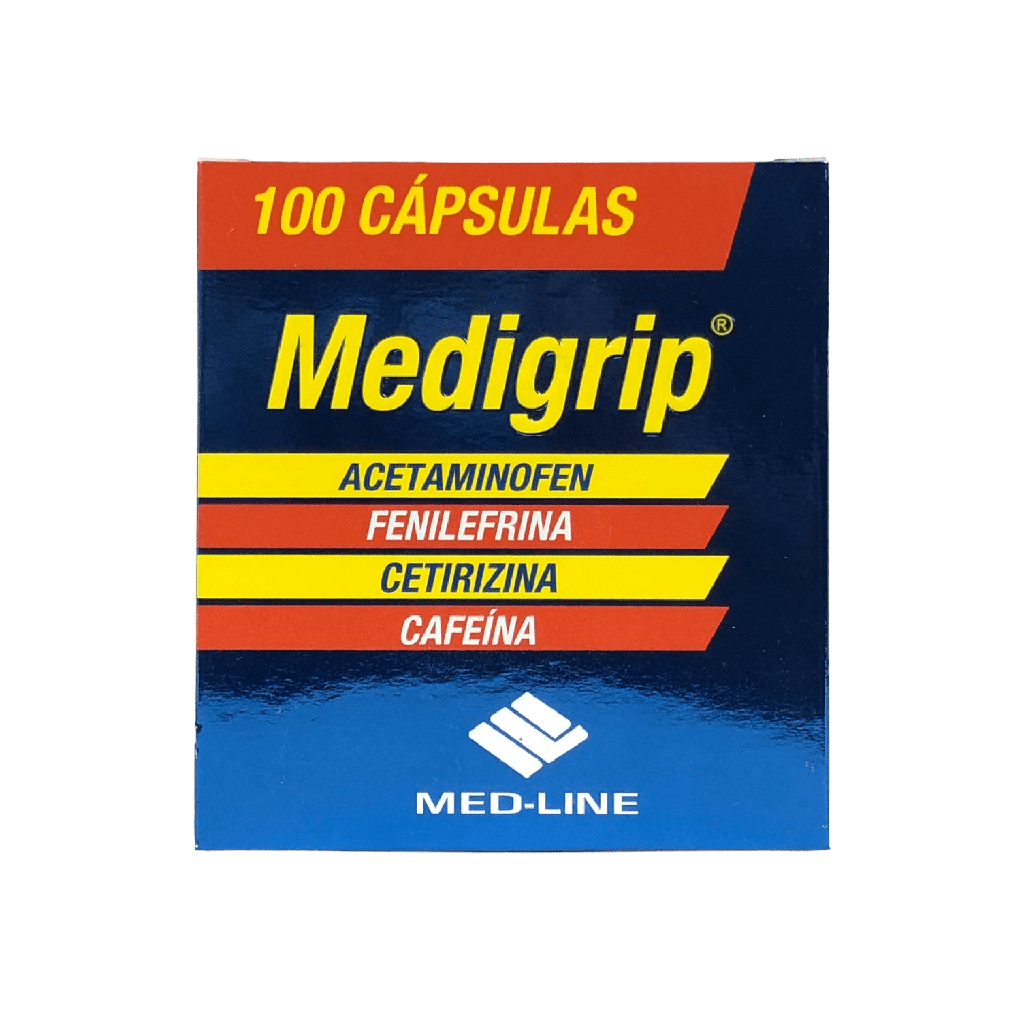 Medigrip (Acetaminofen+Cafeina+Cetirizina+Fenilefrina) Caja x 100 Capsulas (Med-Line)