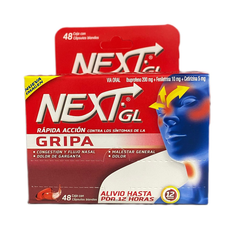 Next Gl Gripa (Ibuprofeno+Fenilefrina+Cetirizina) Caja x 48 Capsulas (Genomma)