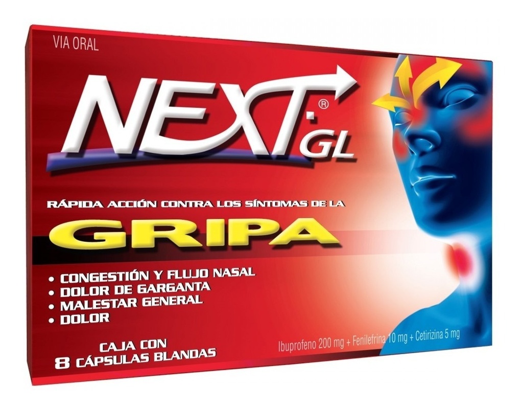 Next Gl Gripa (Ibuprofeno+Fenilefrina+Cetirizina) Caja x 8 Capsulas (Genomma)