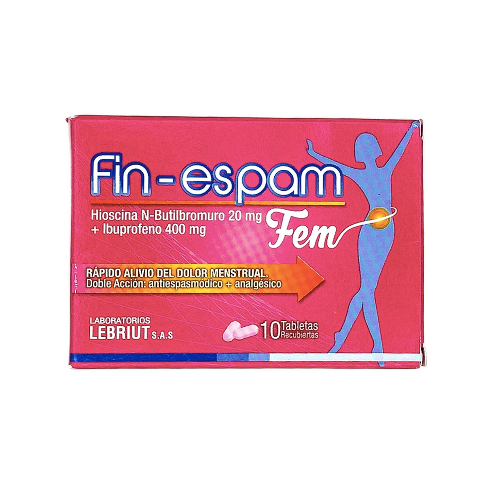 Fin-Espam Fem(Hioscina N ButilBromuro+Ibuprofeno)20mg+400mg Caja x 10 Tabletas(Lebriut)