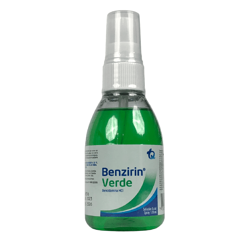 Benzirin Verde(Bencidamina)Spray Solucion Bucal C/Valvula Frasco x 120 Ml(Tecnoquimicas)