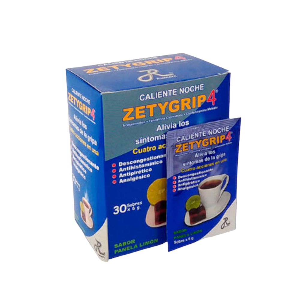 Zetygrip Caliente Noche (Acetaminofen+Cetirizina+Fenilefrina)Caja x 30 Sobres(Ruecam)