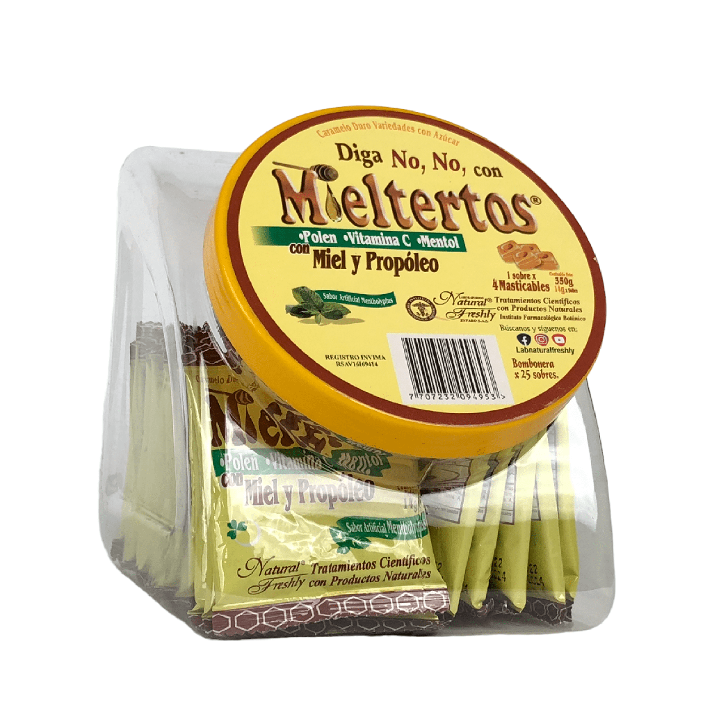 Mieltertos Pastillas Masticables Bombonera x 25 Sobres x 4 Tabletas Und (Natural Freshly)