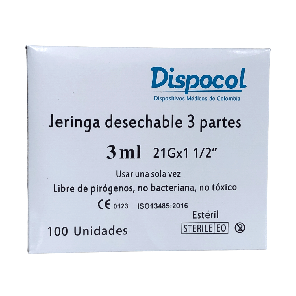 Jeringa Desechable 3 Ml Con Aguja 21G X 1 1/2 Caja X 100 Und (Dispocol)