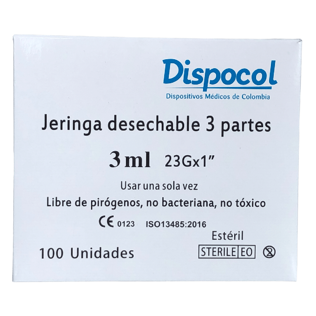 Jeringa Desechable 3 Ml Con Aguja 23G X 1 Caja X 100 Und (Dispocol)