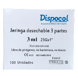 [77097775817532] Jeringa Desechable 3 Ml Con Aguja 23G X 1 Caja X 100 Und (Dispocol)